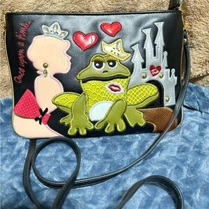 Braccialini Whimsical Black and Green Frog Appliqué Crossbody Bag